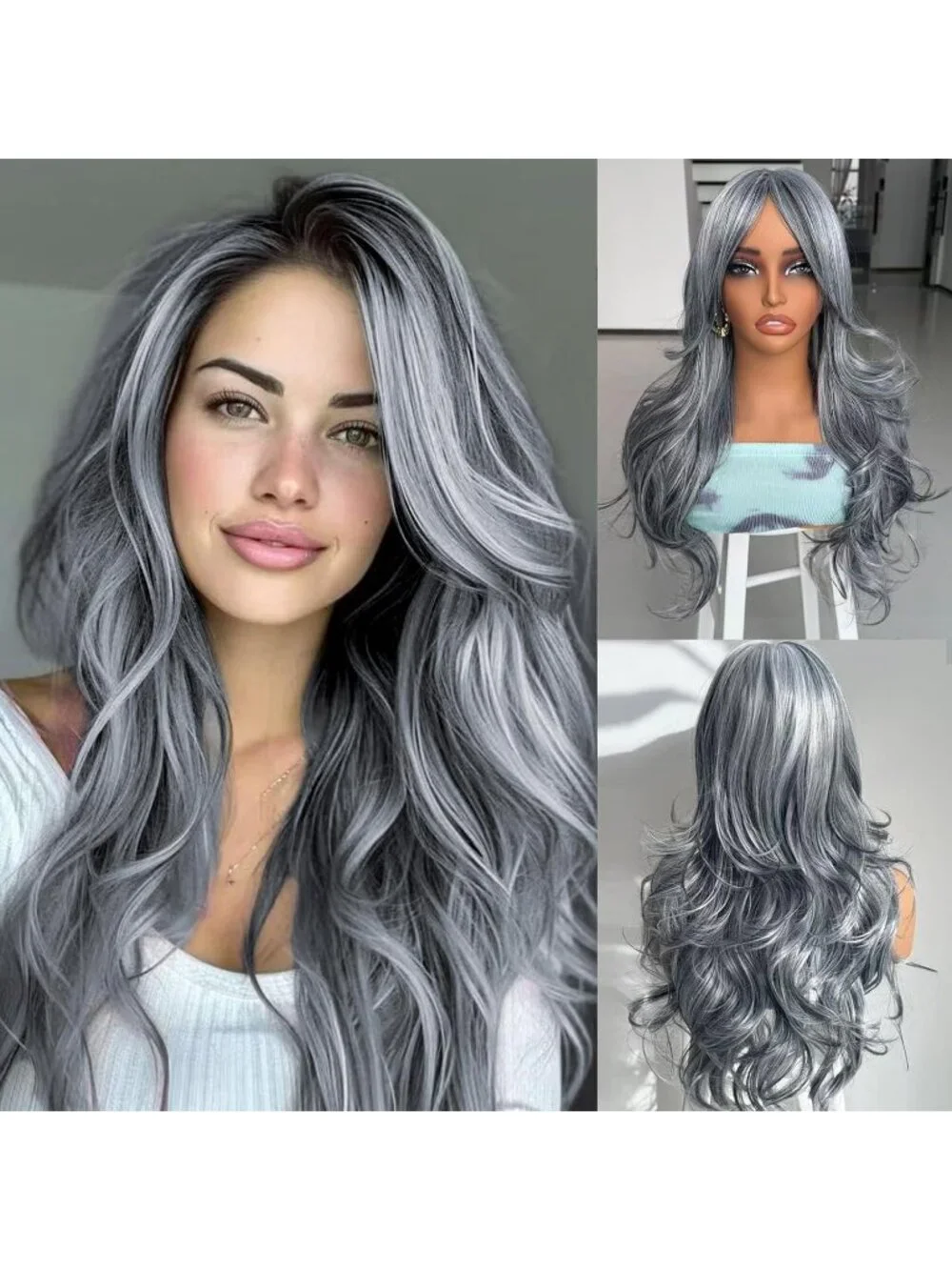 Women Silver Light Grey Long Blonde Wavy Synthetic Platinum Layered Classic Wigs